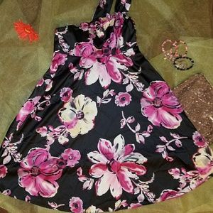 Black and pink floral satin dress